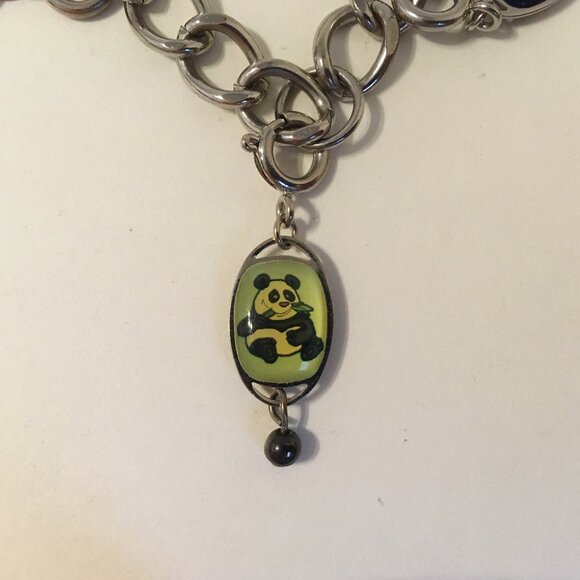 6 Charms Bracelet Silvertone Metal Link Chain Spoiled Bear Cat Moon I Luv U Bead - Picture 7 of 8